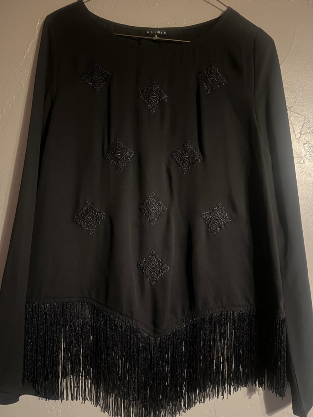 Black Aztec Embroidered Fringe Blouse